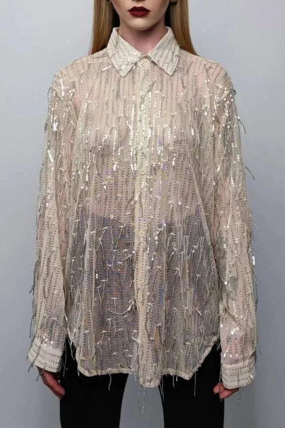 SILVER SEQUINS OFF SHOULDER BLOUSE WITH FRINGE NECKLINE TEAMED