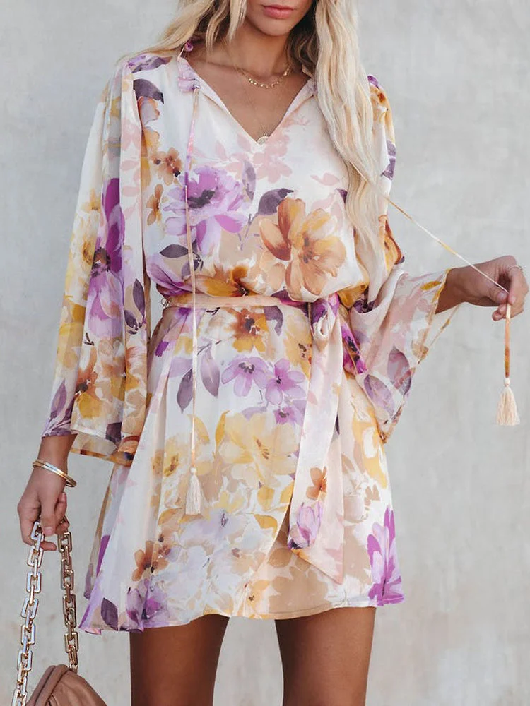 Women's Long Sleeve V-neck Lace-up Floral Printed Midi Dress