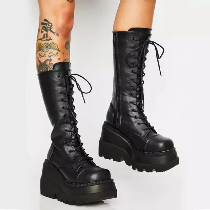 PU Leather zipper Black Mid Calf Women's Boots High Heel Platform Boots Women Wedge Motorcycle Boots Flat Shoes For Women 2021