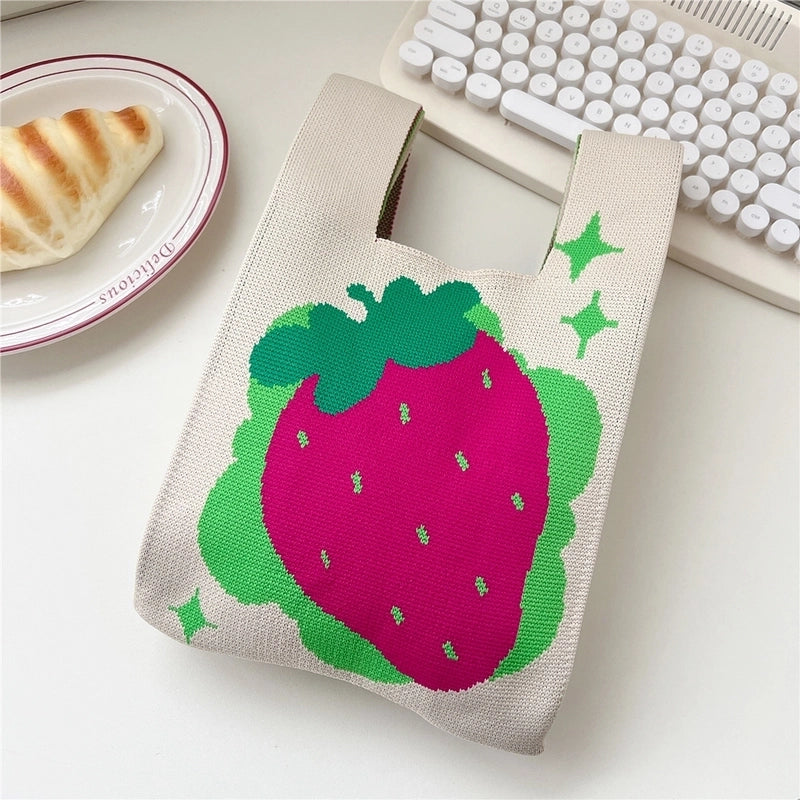Women’s Small Knit Stripe Fruit Cute Basic Weave Open Bucket Bag