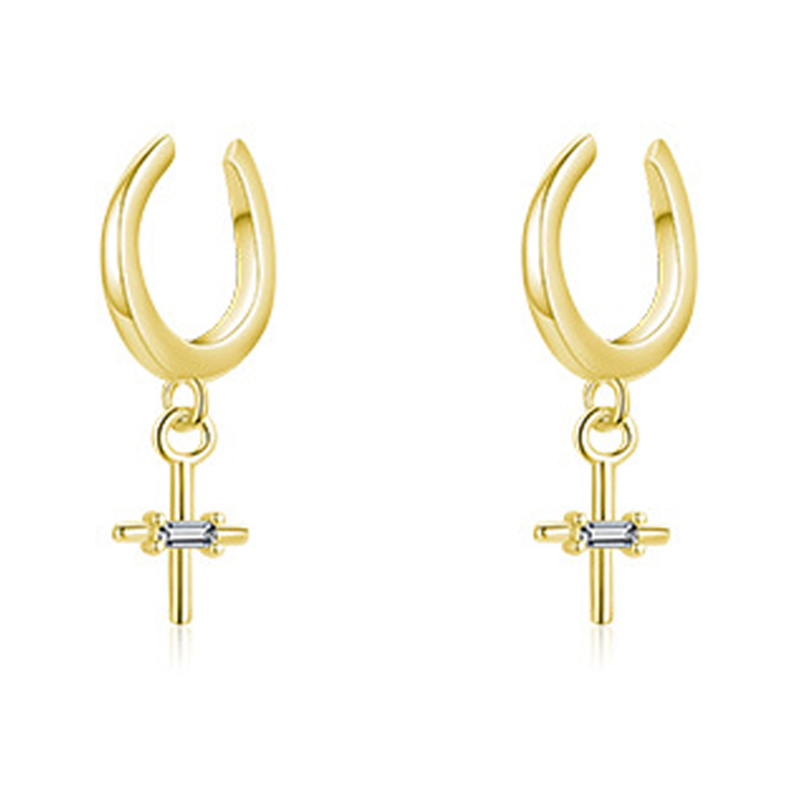 MIKAMU S925 Sterling Silver 5A Cubic Zirconia Sparkling Cross Ear Cuff Gold Earrings for Women Clip On Cartilage Minimal Jewelry for Women Girls