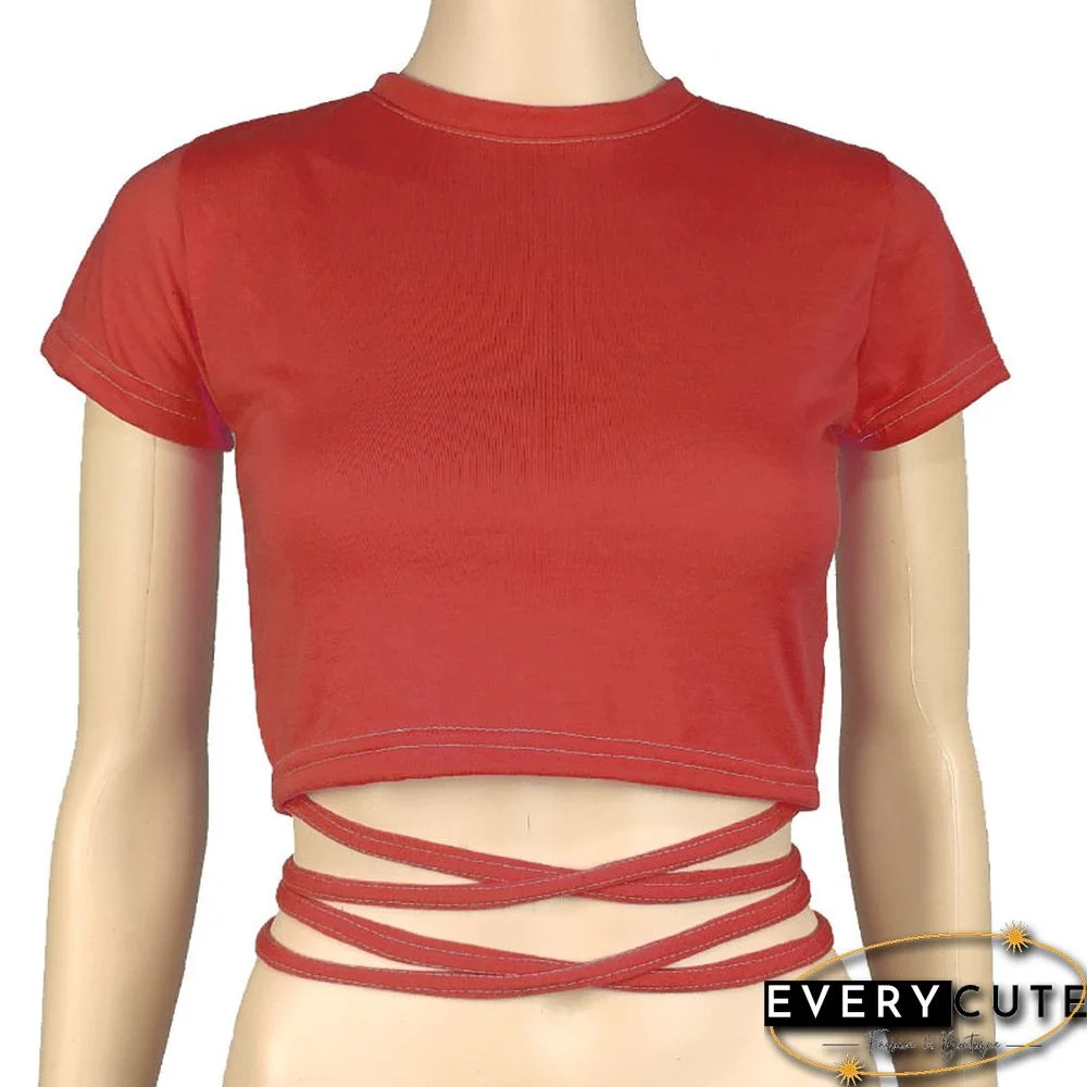 New O Neck Solid Tshirt Women Summer Cross Bandage Tee Sexy Short Sleeve Camisole Casual Tank Top Fashion Female Crop Tops Shirt