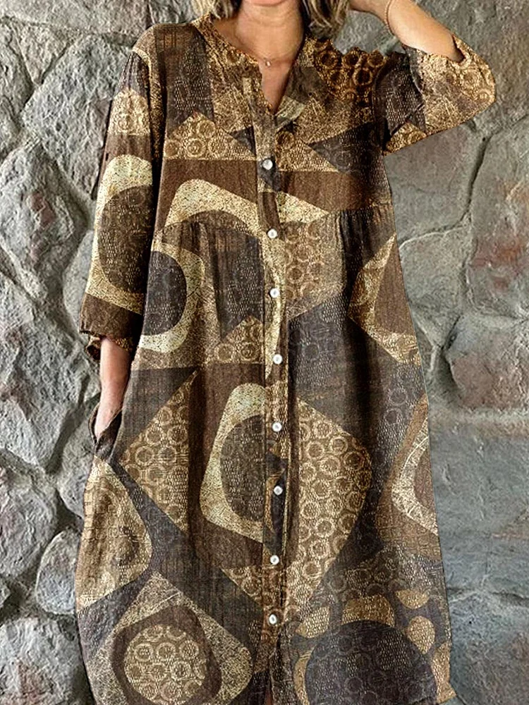 Women's Elegant Retro Textured Geometric Pattern Shirt Style Linen Dress
