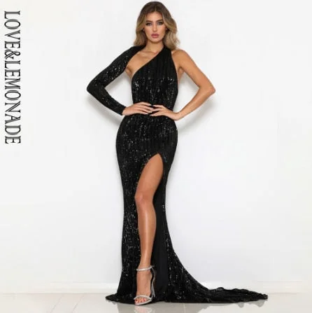 Love&Lemonade Sexy  Open Back Single Sleeve Slim Fit Elastic Sequined Fabric Bodycon Going Out Long Dress Lm81333-2 Navy