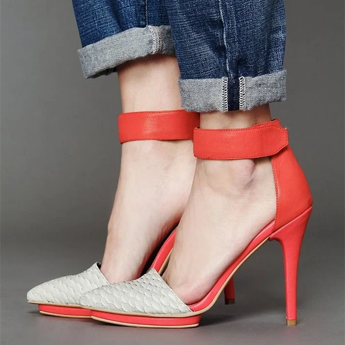 Beige Scale Pattern Pointy Toe Red Sole Ankle Strap Platform Sandal Pump Heels |FSJ Shoes