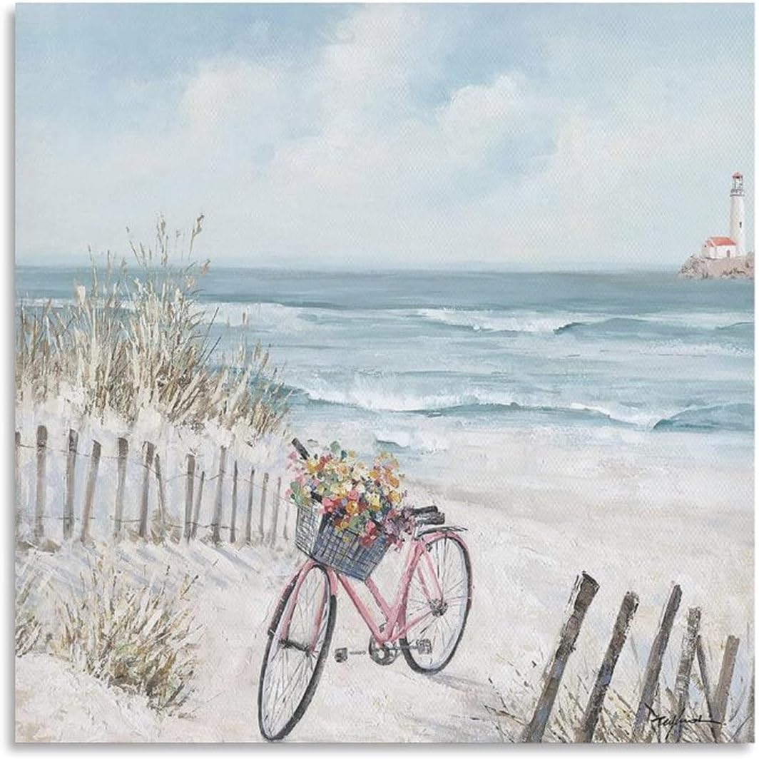 Vintage Poster Beach Bike Art Wall Decor Beach Painting Coastal Theme Picture Pink Bicycle with Flow Wall Art Paintings Canvas Wall Decor Home Decor Living Room Decor Aesthetic 16x16inch(40x40cm) Un 16x16inch(40x40cm)
