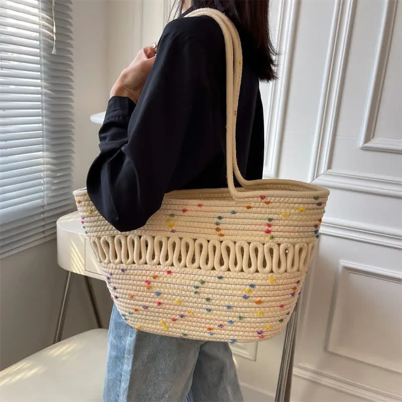 Vintage Colorblock Dot Hollow Boho Handmade Straw Tote Bag