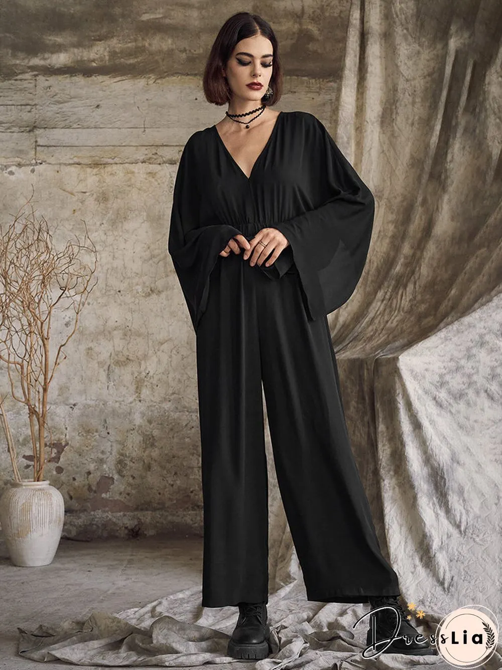 Solid Side Split Long Sleeve V-neck  Wide Leg Jumpsuit