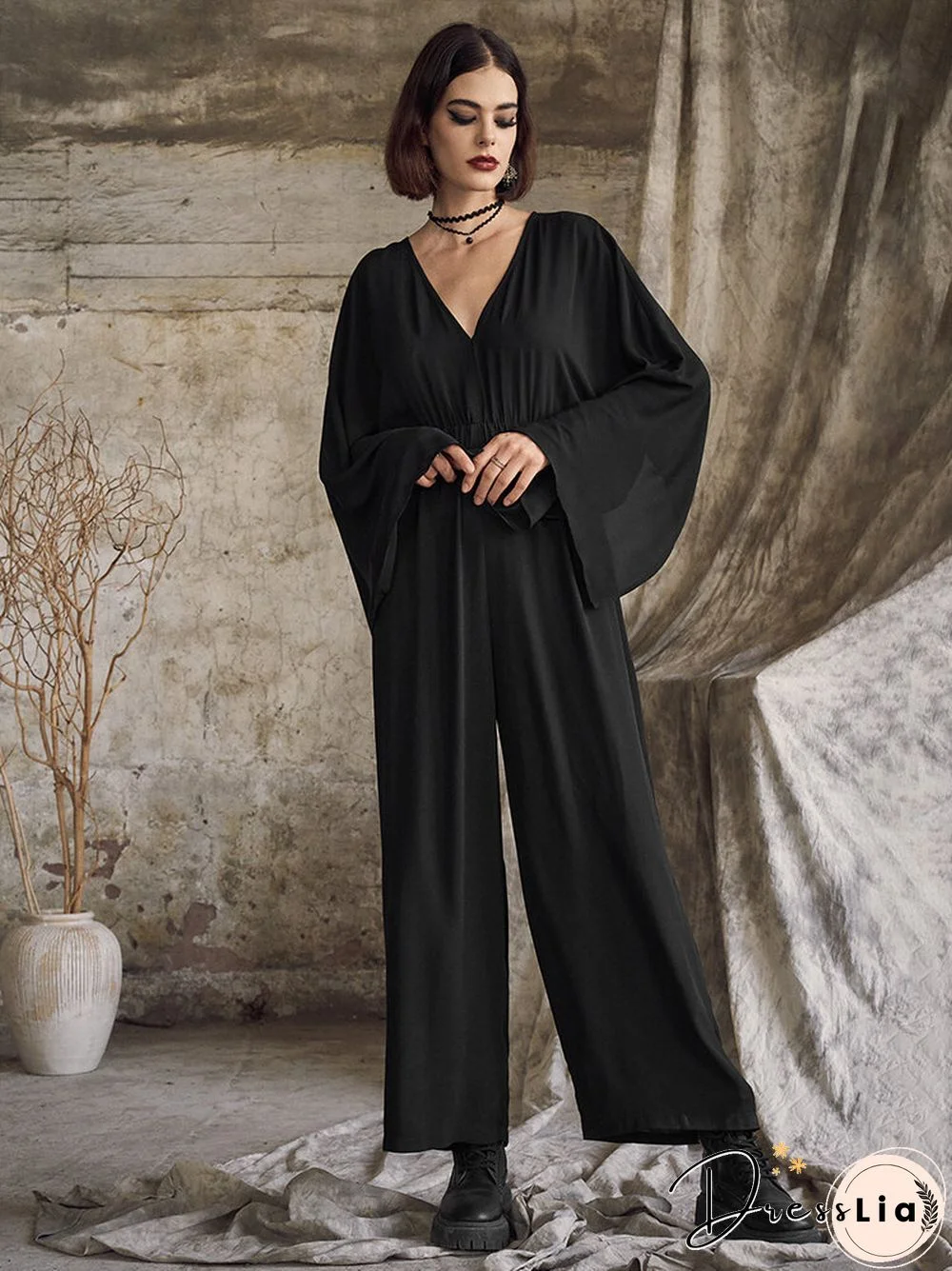 Solid Side Split Long Sleeve V-neck  Wide Leg Jumpsuit