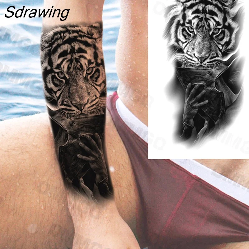 Sdrawing Rose Flower Skeleton Temporary Tattoos For Women Adult Girl Lion Tiger Crown Fake Tattoo Body Art Painting Tatoo Decal