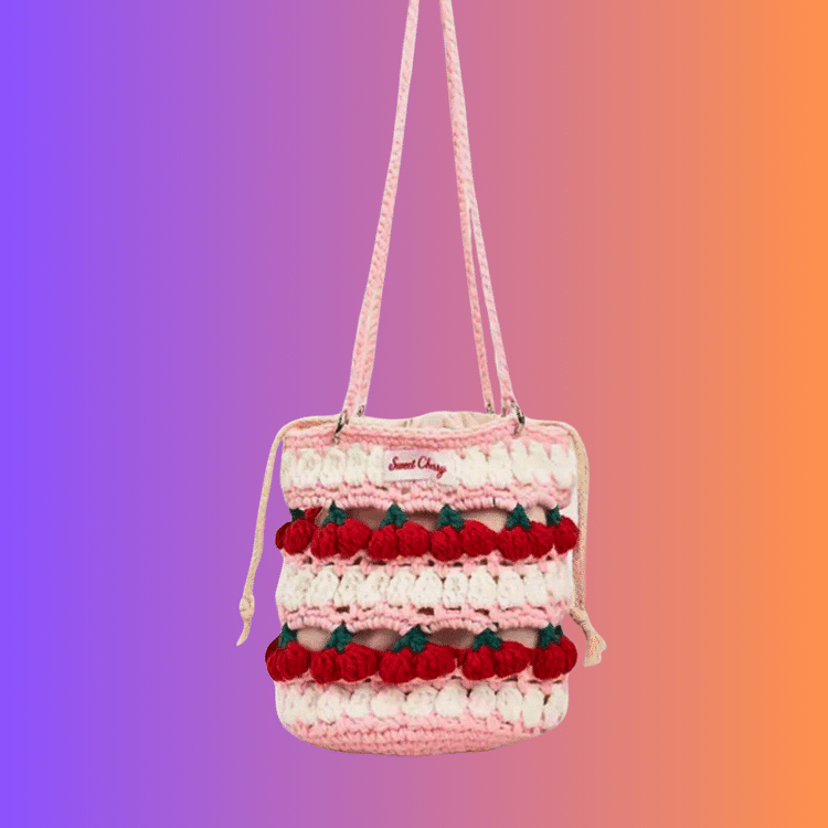 Lulusnow Handmade Pink Strawberry Cherry Cake Bucket Bag Crochet Bag