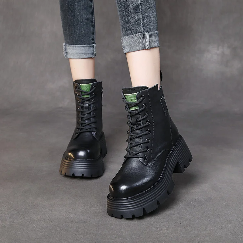 Yyvonne Head Layer Of Cow Skin Thick And Thick Bottomed Pine Cake Boots Handsome British Style Retro Martin Boots Women Height Height