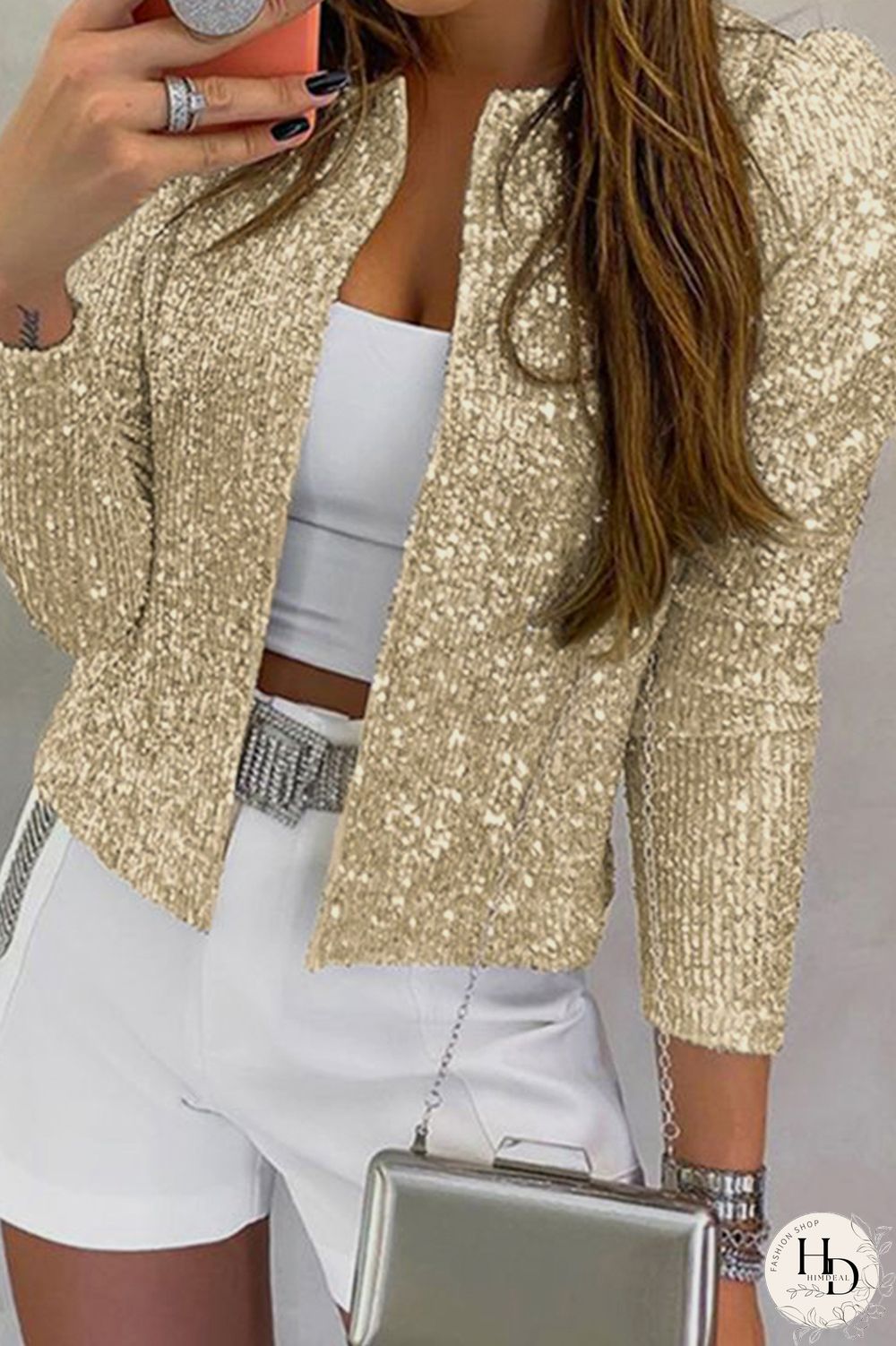 Red Fashion Solid Sequins Patchwork O Neck Outerwear