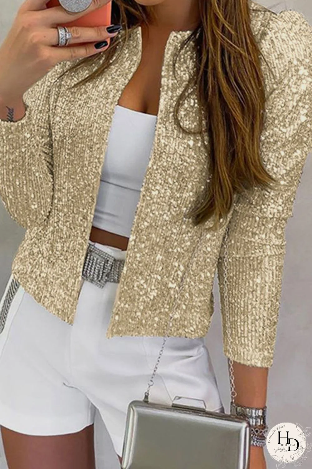 Red Fashion Solid Sequins Patchwork O Neck Outerwear