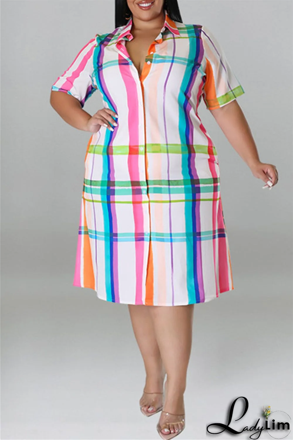 Red Fashion Casual Plus Size Plaid Print Patchwork Turndown Collar Shirt Dress