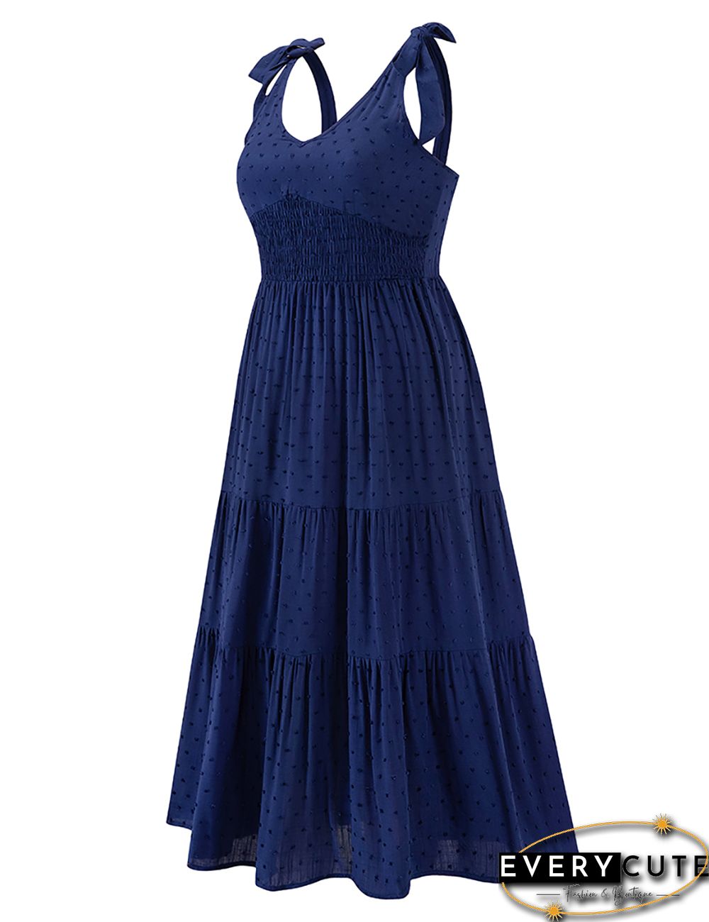 Navy Blue Cotton Blend Slim Waist Jacquard Long Dress