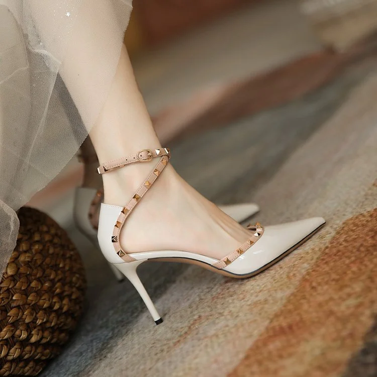 Yyvonne Sandals Women's Korean Version Of The New Baotou Fine Heel Head Fairy Rivet Studs Hollow Buckle Sandals