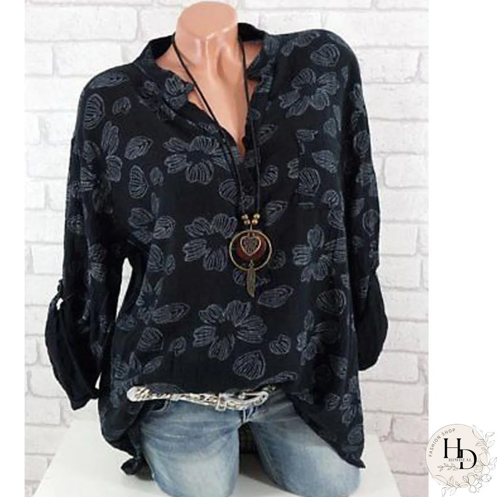 Women Floral Print Long Sleeve V Neck Blouse Chiffon Casual Tops Plus Size