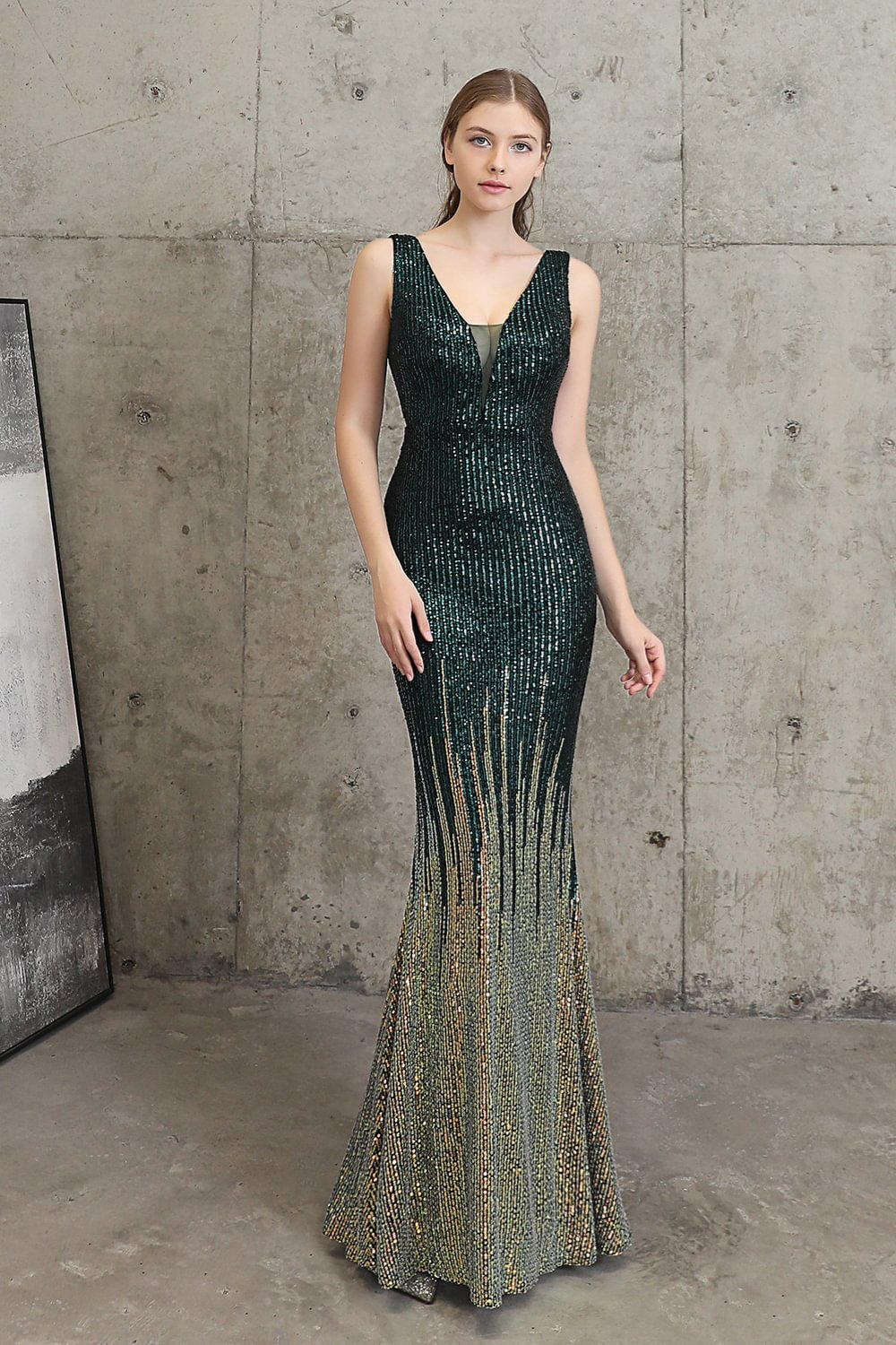 Luluslly V-Neck Sleeveless Sequins Evening Dress Mermaid Long YE0032