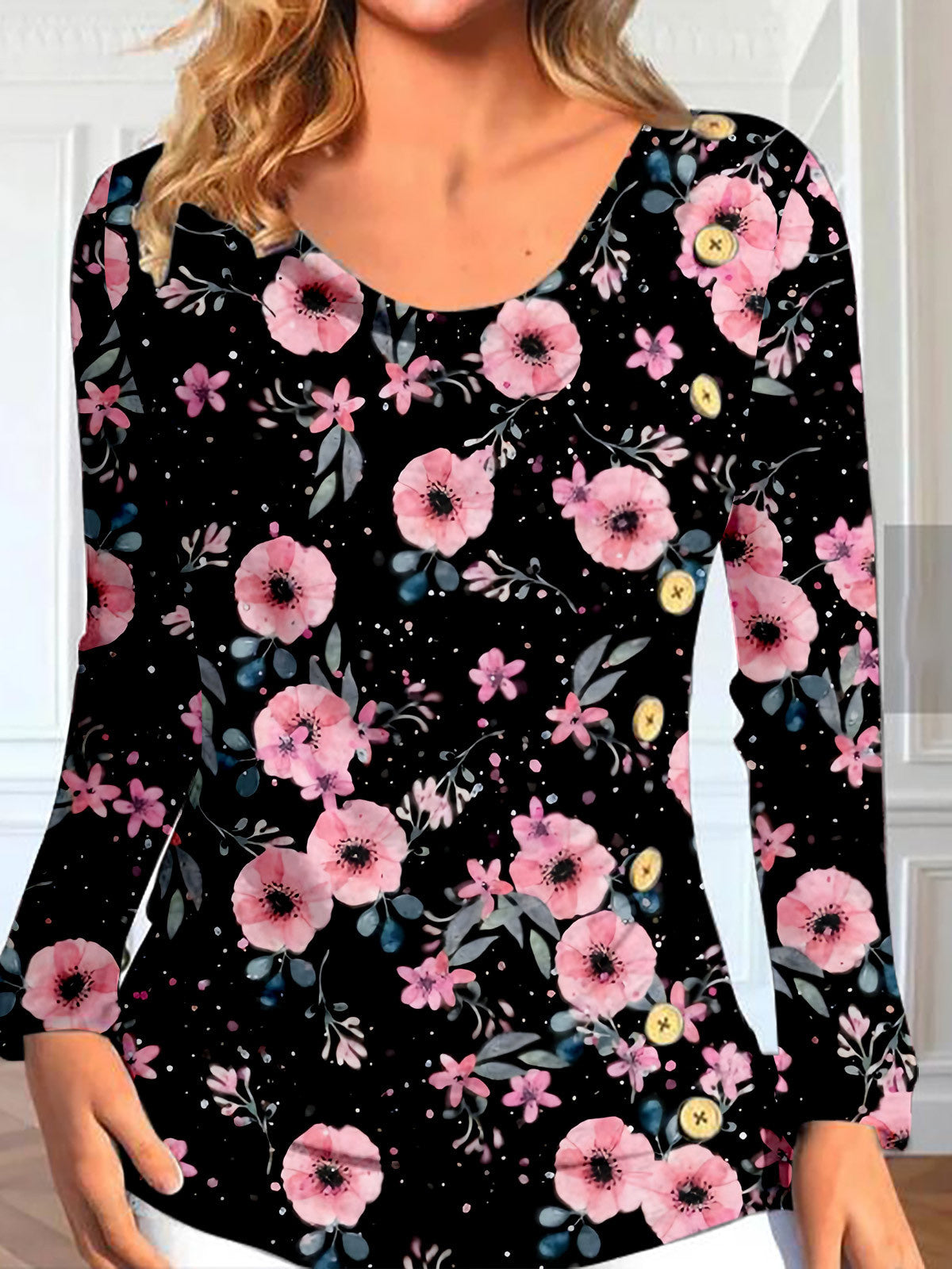Women Long Sleeve V-neck Graphic Floral Printed Top
