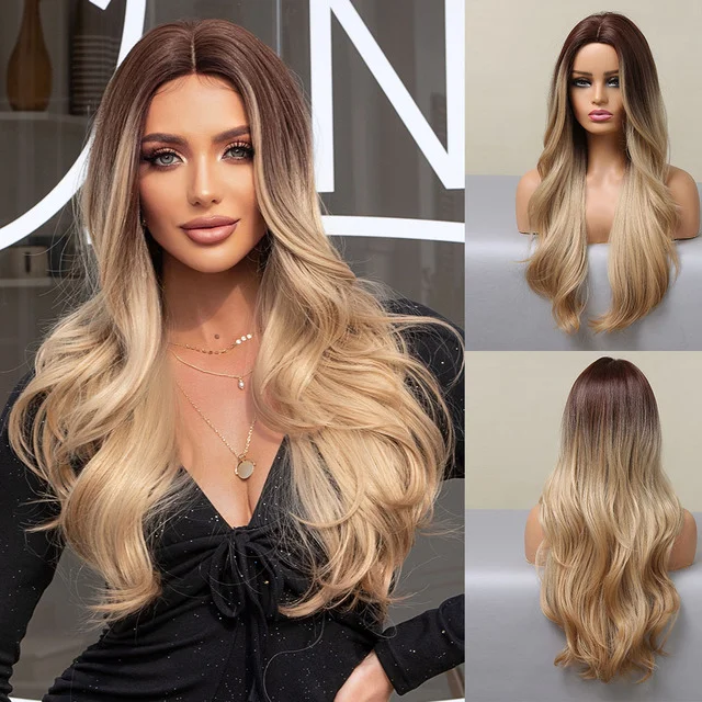 Blonde Brown Color Long Wigs Wavy Natural Wig ELCNEPAL