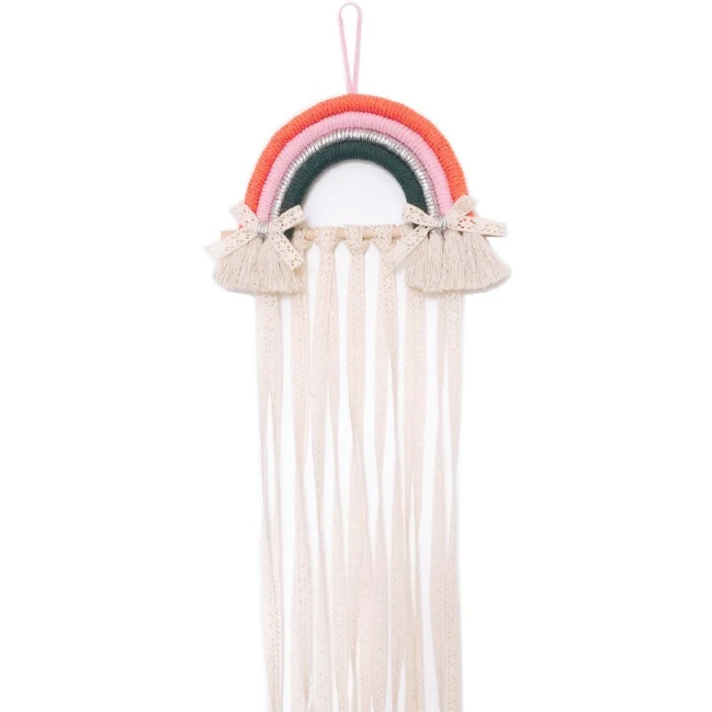 INS Nordic Rainbow Tassel Wall Hanging Ornaments Hair Bows Storage Belt Girls Room Decoration Hair Clips Hanger Organizer Strip