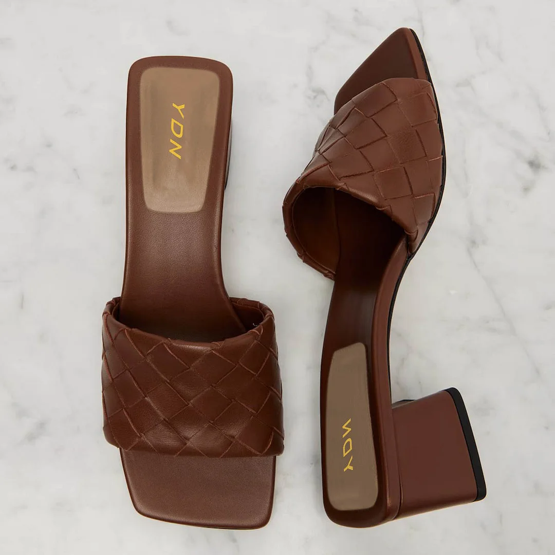 Brown Square Toe Chunky Heel Slip On Woven Mule Shoes for Women