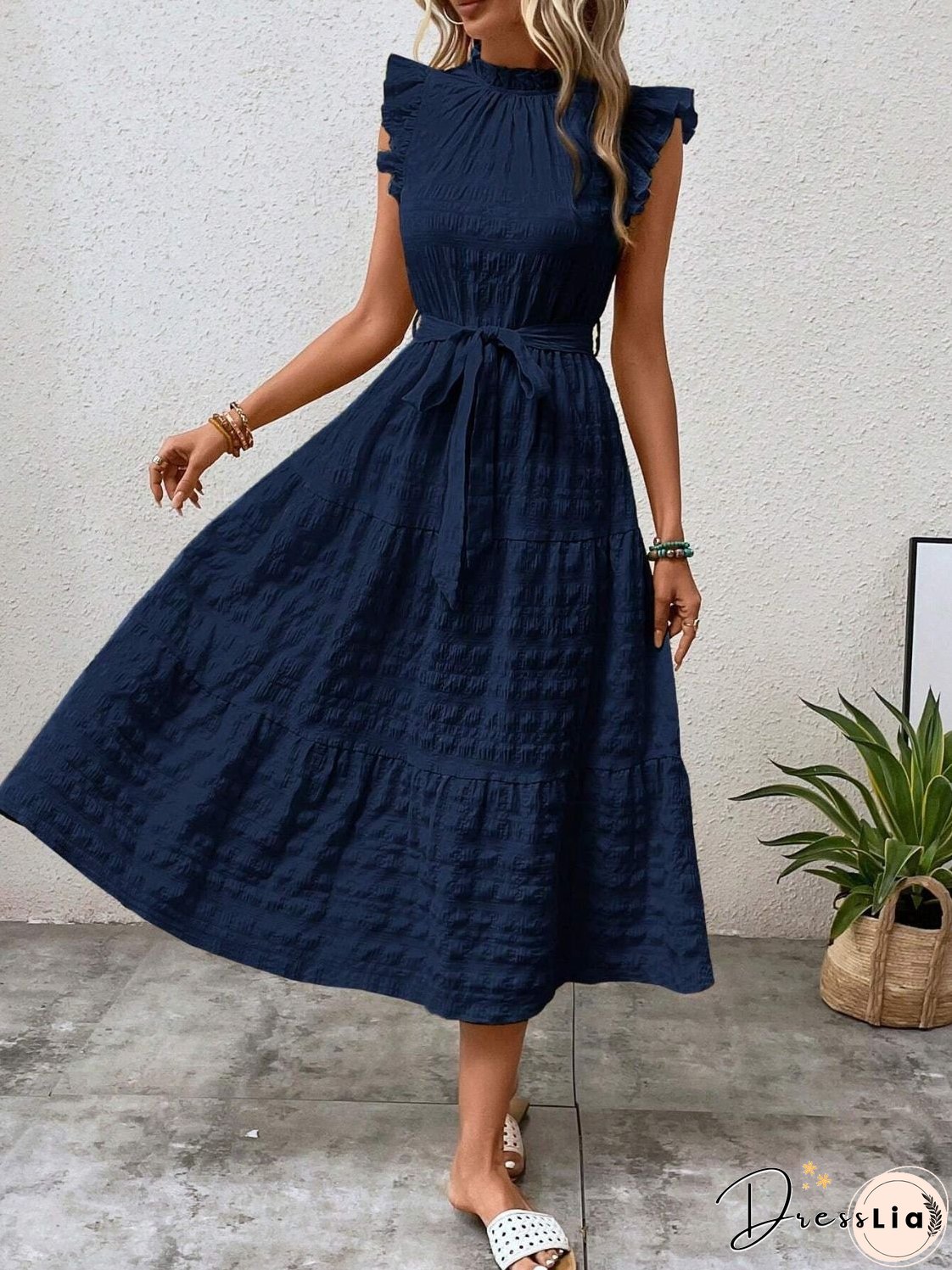 Tied Ruffled Cap Sleeve Midi Dress