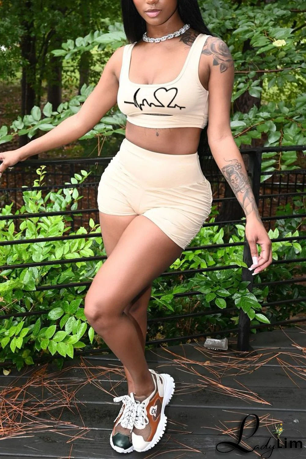 Rose Red Casual Print Split Joint U Neck Sleeveless Two Pieces