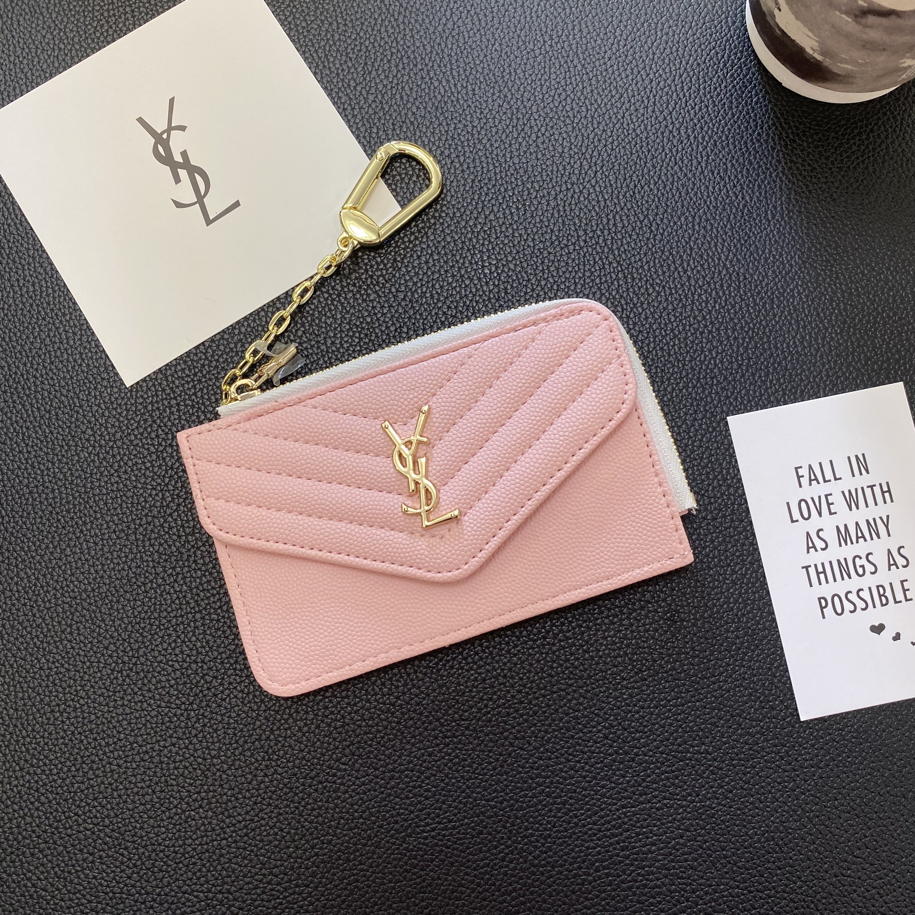 YSL Luxury Genuine Leather Wallet Card Holder Secure Zip Bag