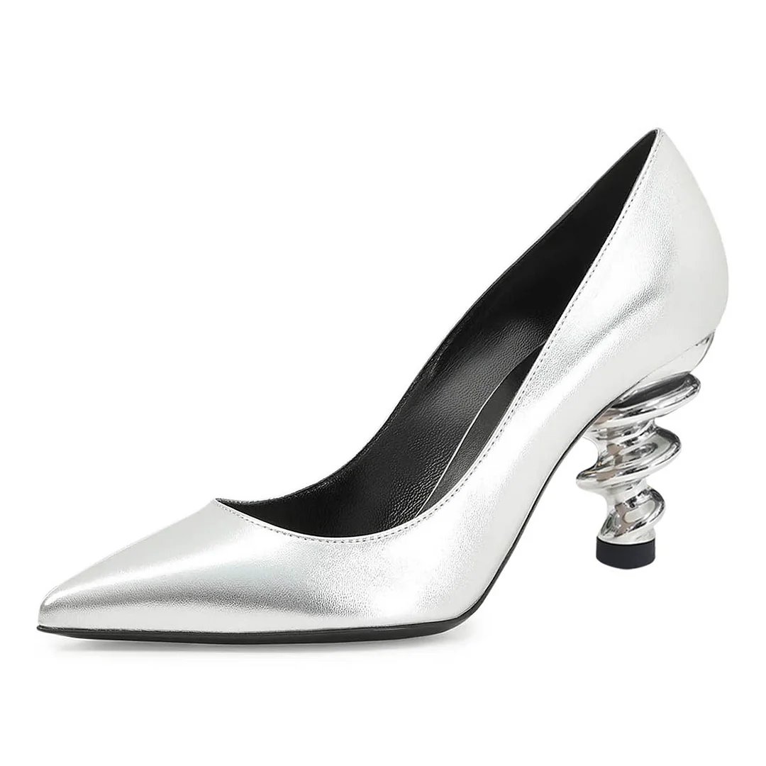 Chic Silver Metallic Finish Spiral Heel Pointed Toe Pumps for Women
