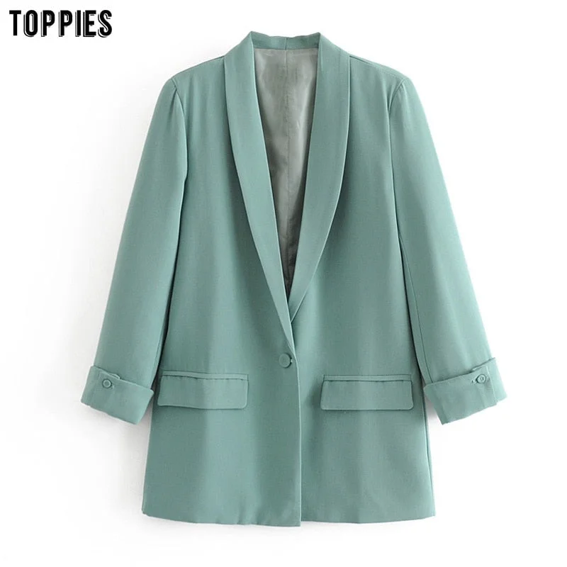 Toppies 2021 Women Long Jacket Rolled Sleeve Blazer Femenino Suit Single Button Chaquetas White Coat