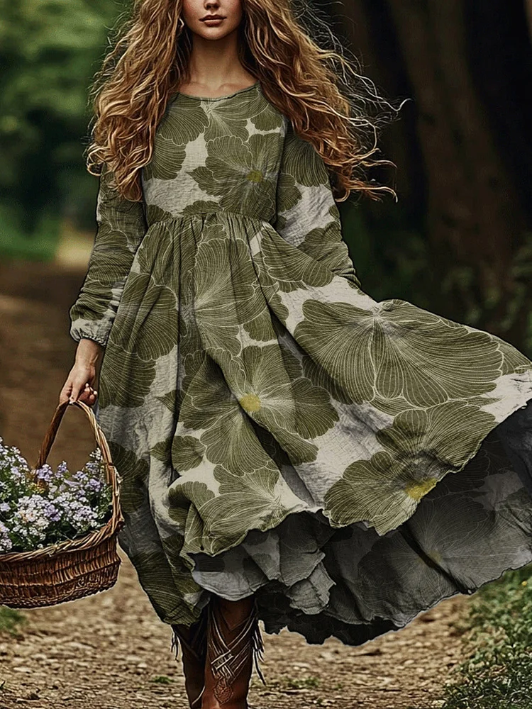 Women's Vintage Floral Print Casual Long Sleeve Dress