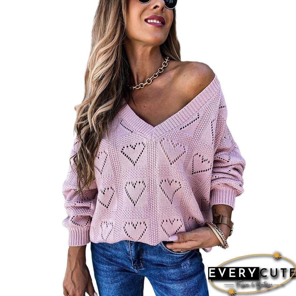 Light Pink Hollow Out V Neck Lightweight Sweater