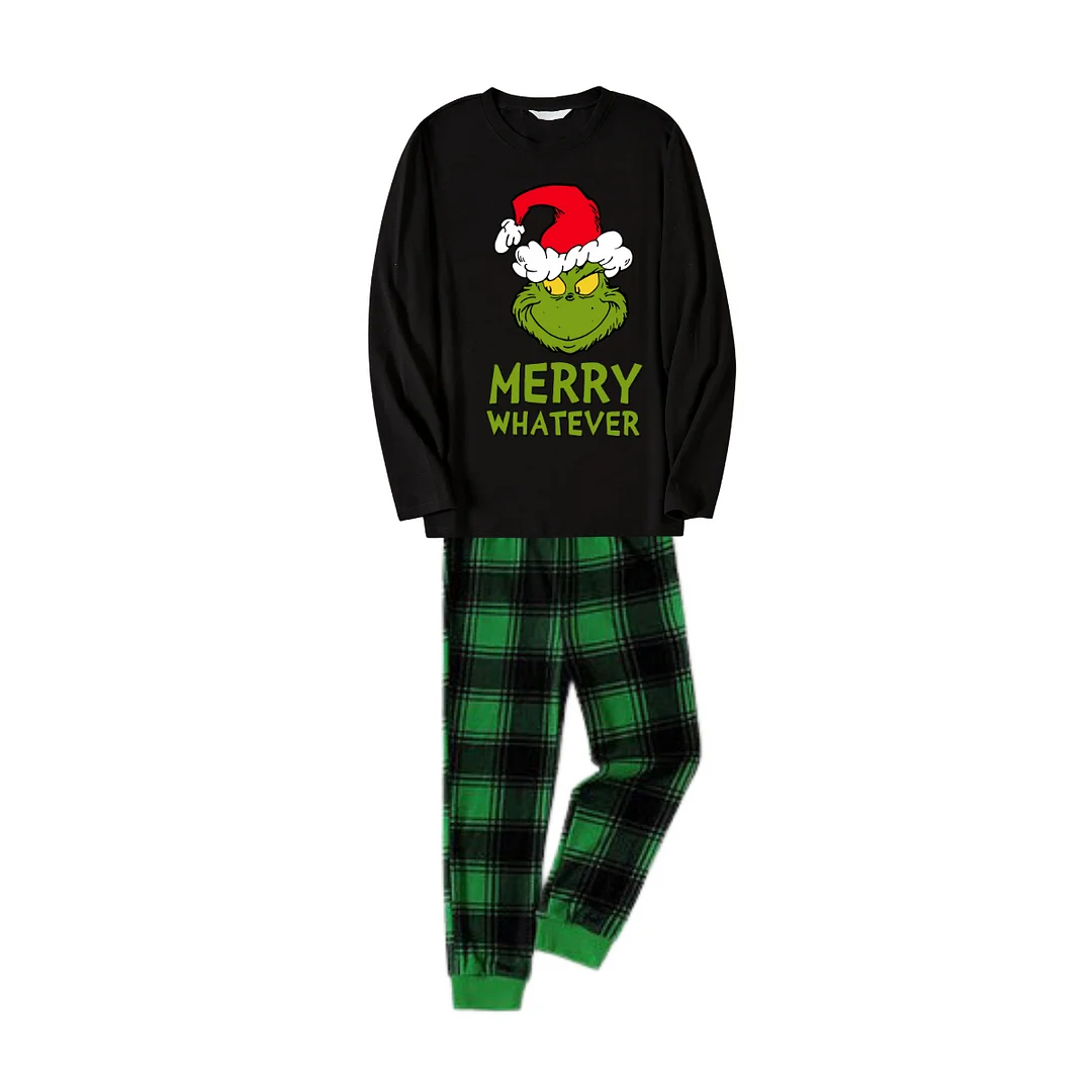 Christmas Cartoon Pattern and Text Print Black Long Sleeve Top with Green and Black Plaid Family Matching Pajamas 2024