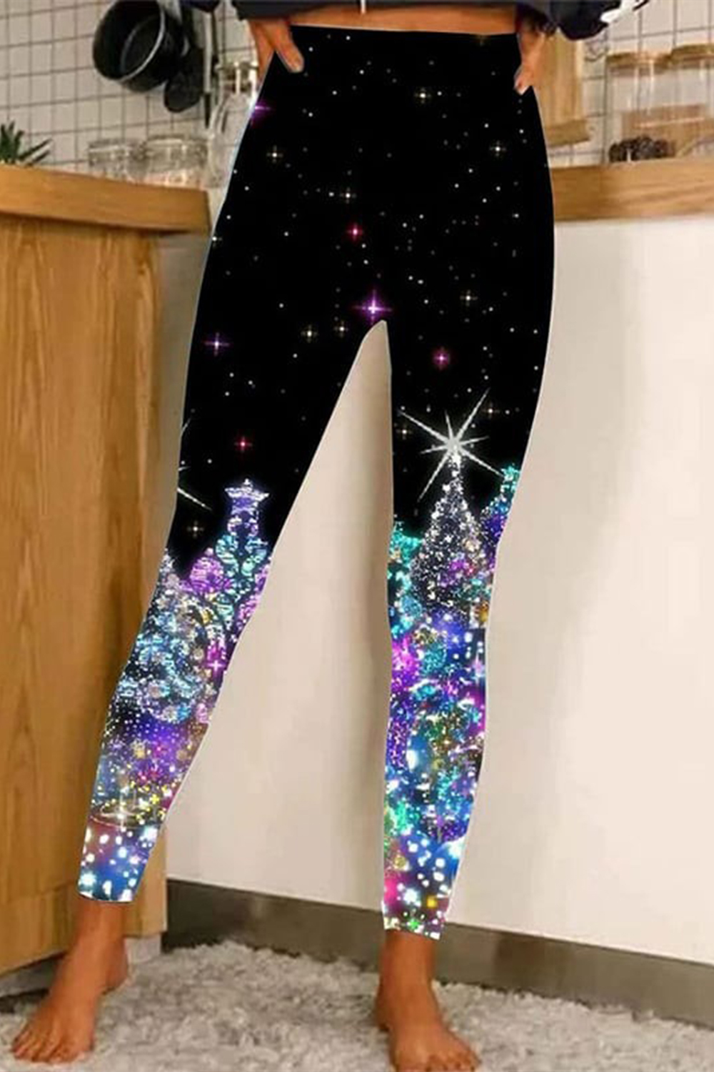 Flycurvy Plus Size Christmas Black Sparkly Christmas Tree Print High Waist Legging 2024 - Flycurvy 