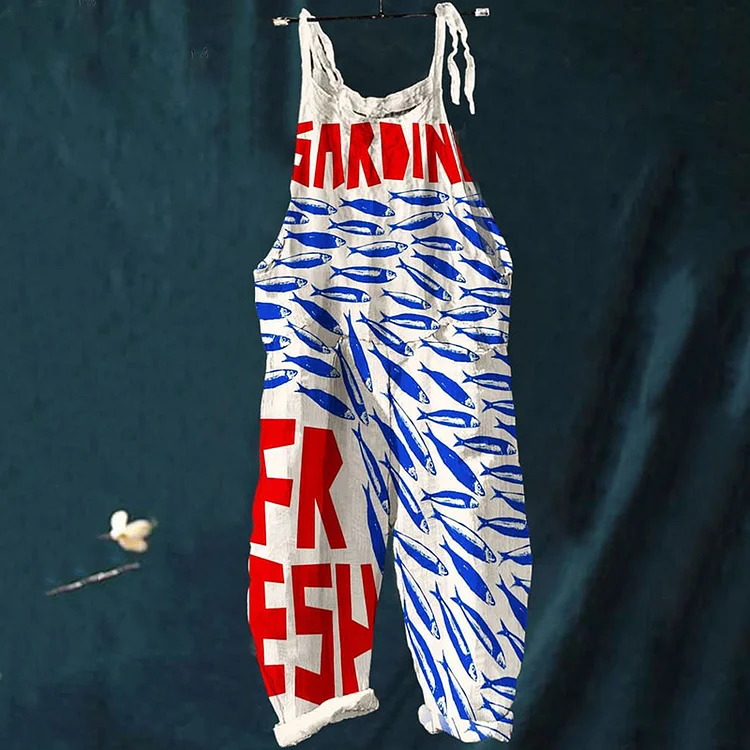 Retro Vintage Fish Sardines Art Print Linen Loose Casual Jumpsuit