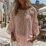Women's Pink Rose Embroidered Art  Linen Tunic - Image 2