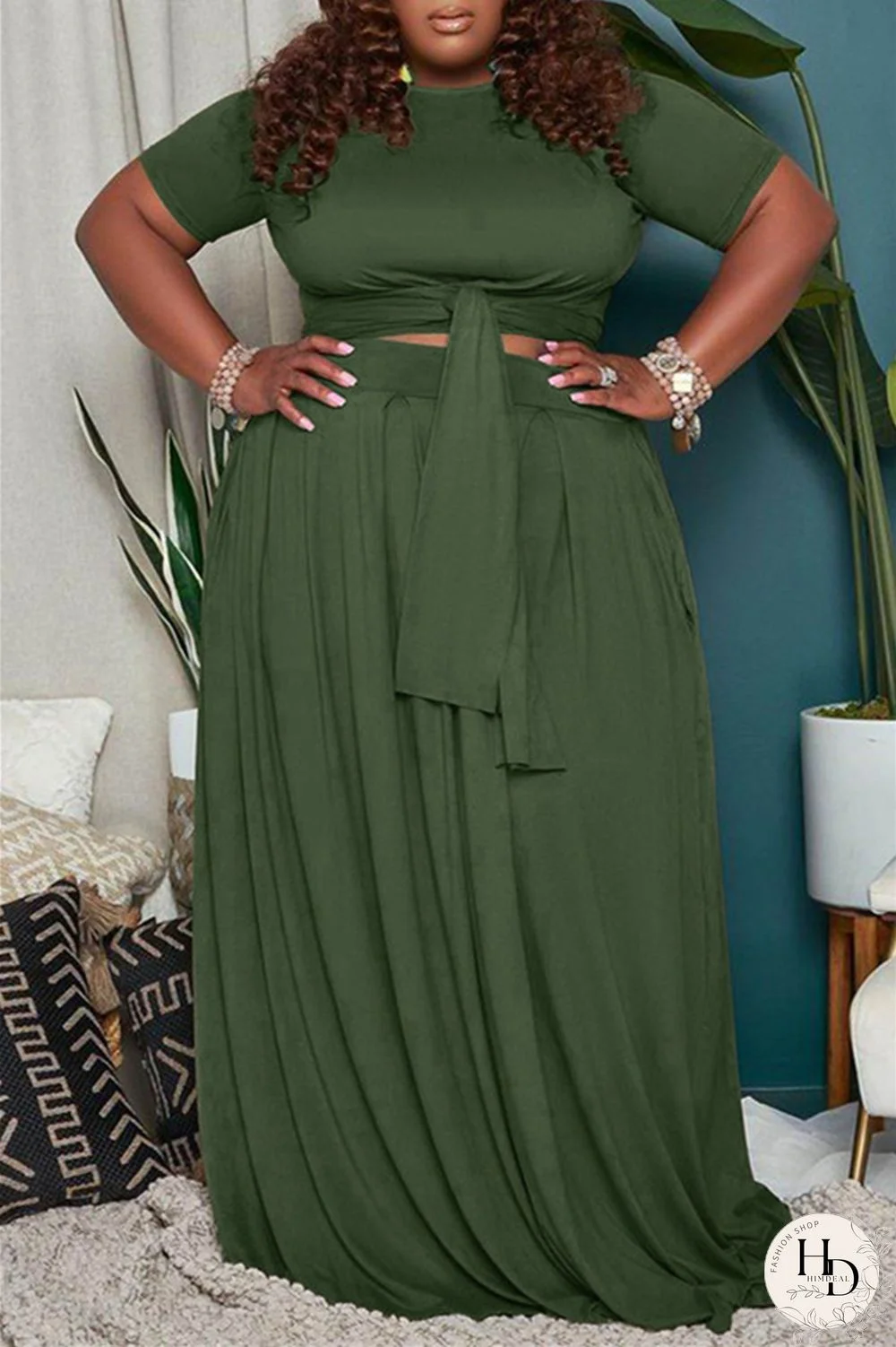 Green Fashion Casual Solid Basic O Neck Plus Size Two Pieces