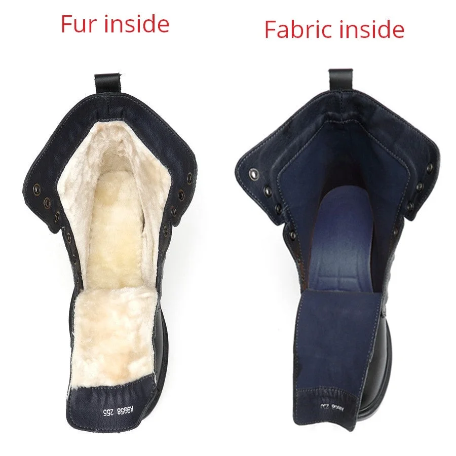 Men Motorcycle Boots Vintage Combat Boot Winter Fur Warm Snow Boots Cow Split Leather Waterproof Buckle Military Boots Men Shoes