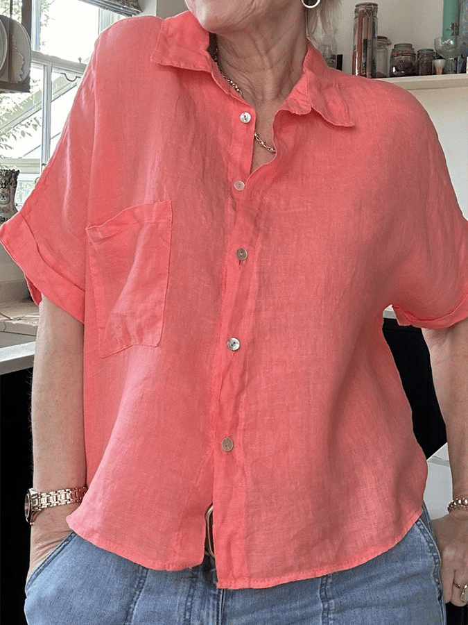 Women's Solid Color Casual Loose Open Pocket Button-Down Shirt