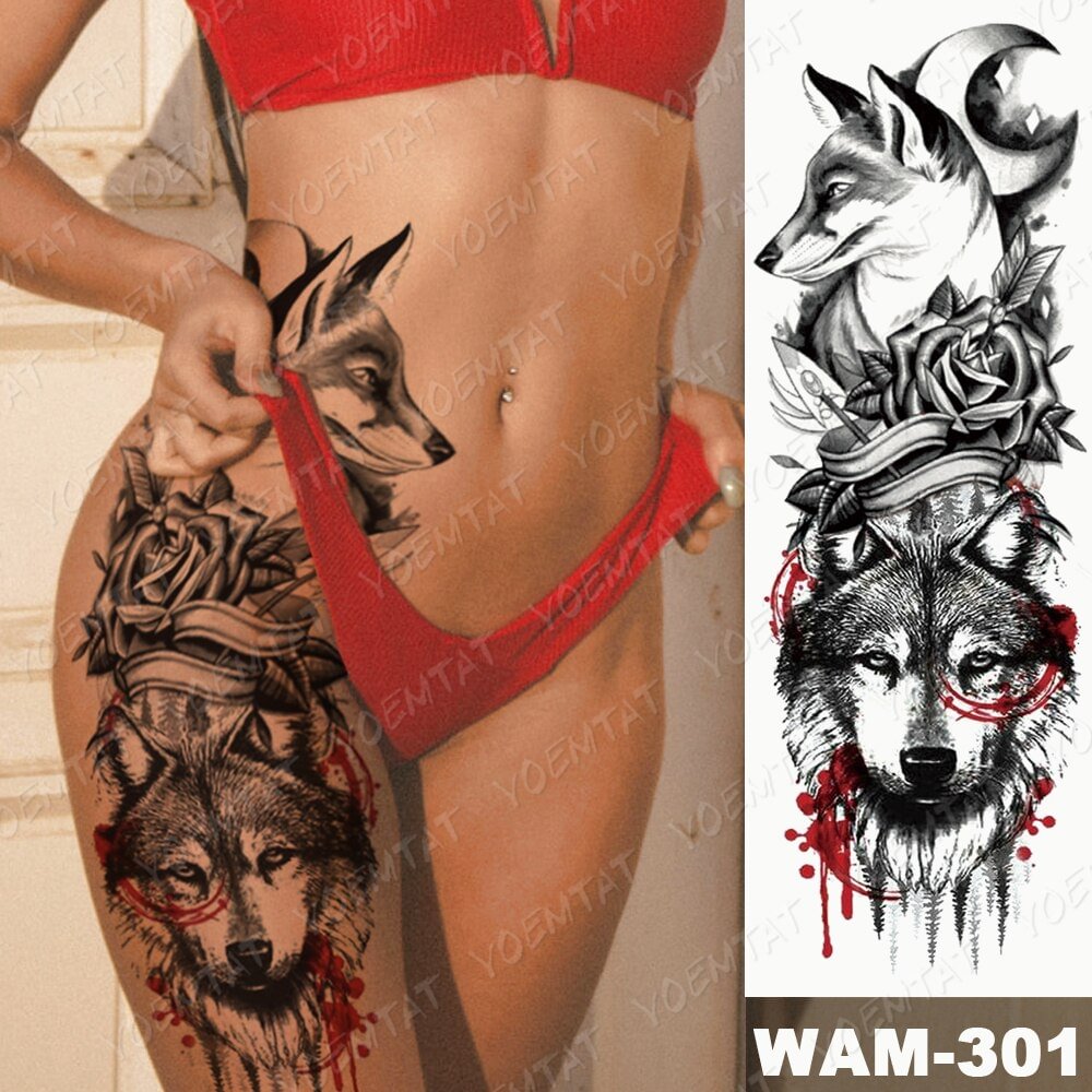 Gingf Arm Sleeve Tattoo Fox Moon Wolf Rose Waterproof Temporary Tattoos Sticker Lion Crown Waist Leg Body Art Fake Tatoo Women