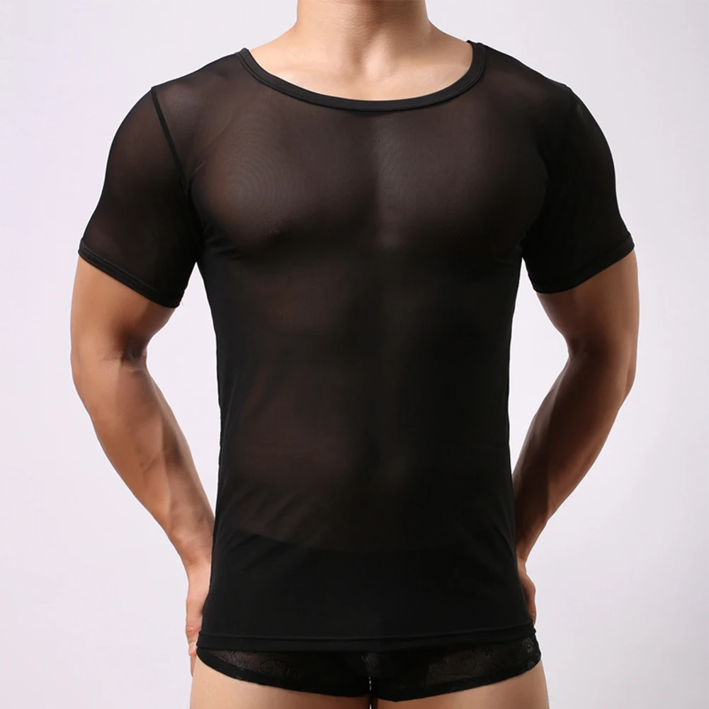 Sexy Men Mesh Fishnet Slim O-Neck See Through T-Shirt Muscle Top Short Sleeve Clubwear Party Slim Fitting Solid Male  T-shirt