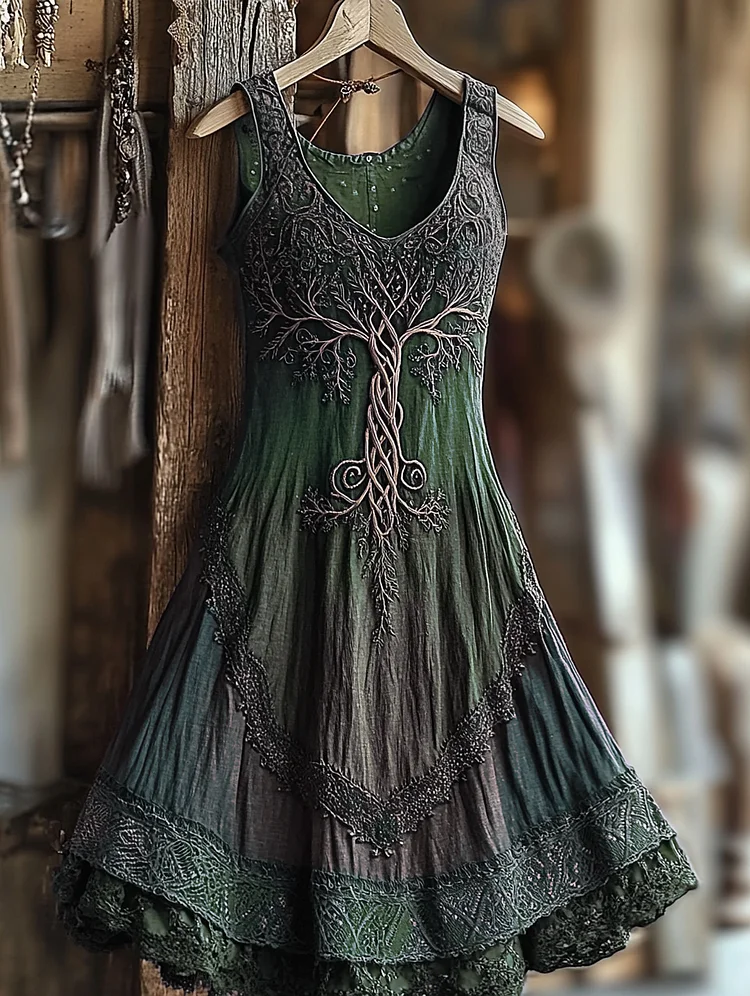VChics Women's Vintage Viking Tree Of Life Gradient Linen Dress
