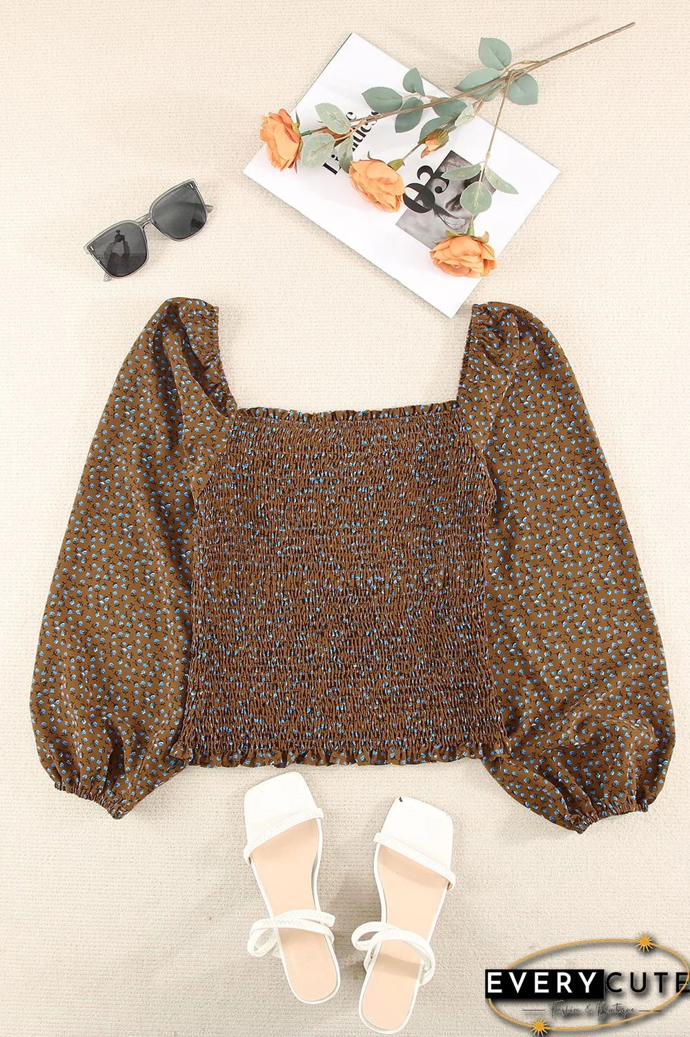 Khaki Square Neck Puff Sleeve Floral Smocked Top