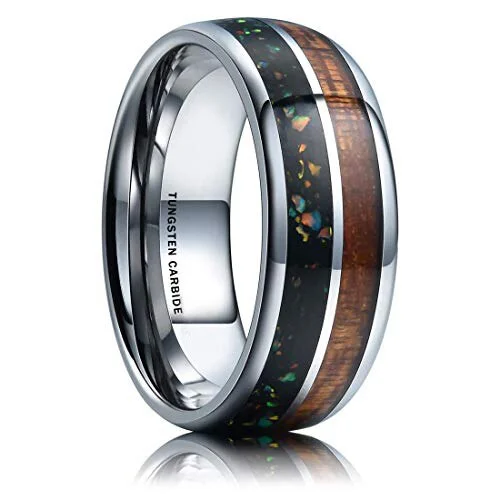 Women's Or Men's Tungsten Carbide Wedding Band Matching Rings,Silver band with Multi Color Rainbow Opal Inlay Ring With Mens And Womens For Width 4MM 6MM 8MM 10MM