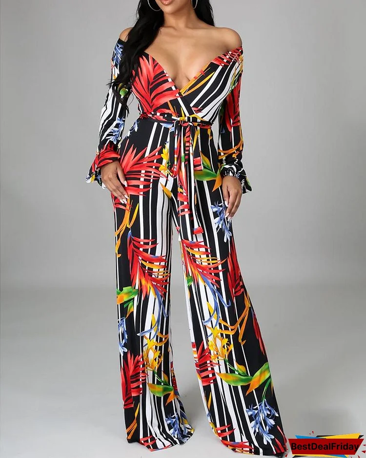 Tropical Striped/Snakeskin Print Tied Detail Jumpsuit P4254251680