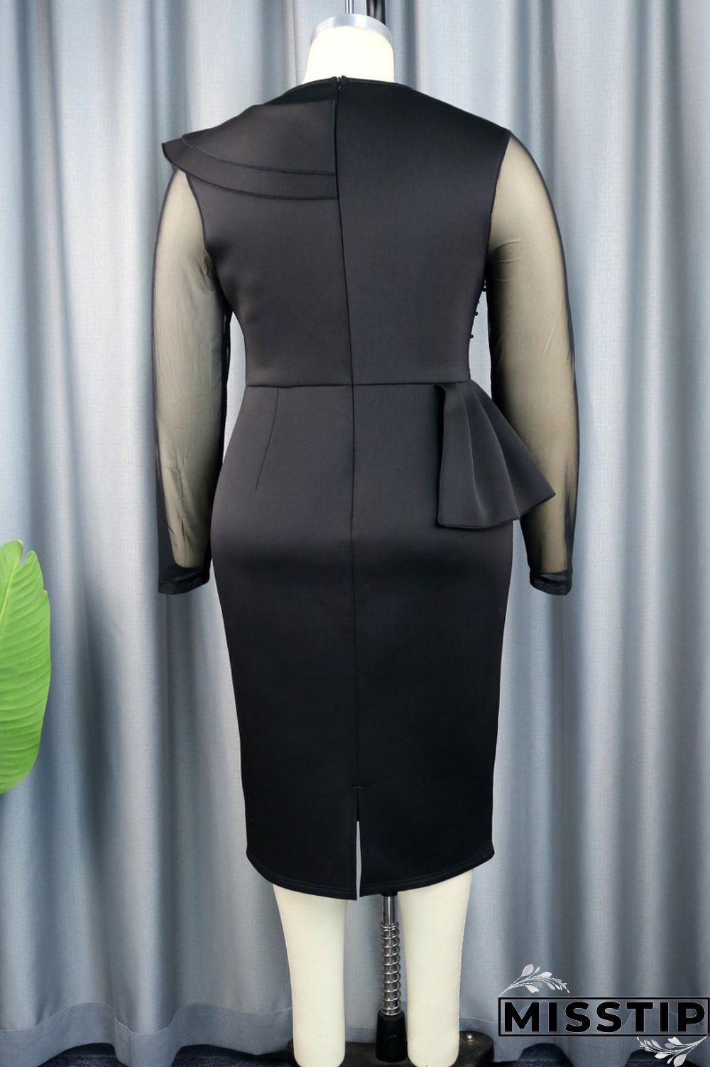Black Casual Solid Patchwork O Neck Long Sleeve Plus Size Dresses