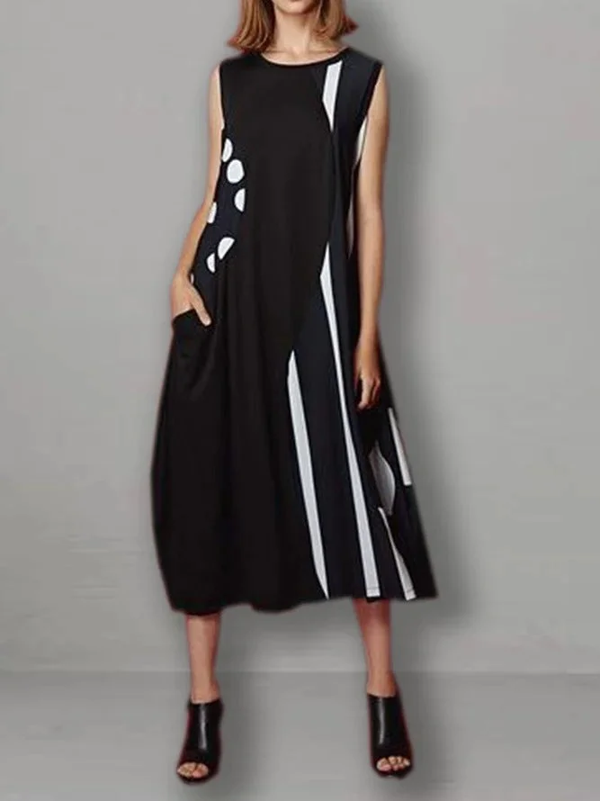 Women Sleeveless Scoop Neck Polka Dot Graphic Midi Dress