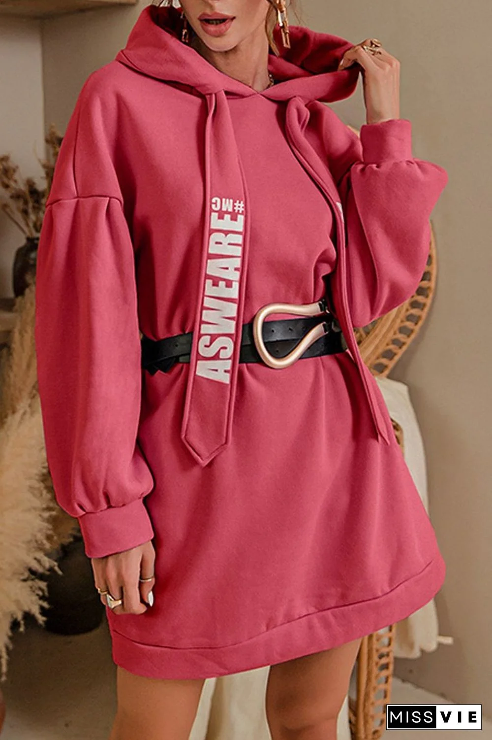 Letter Print Drawstring Hooded Dress